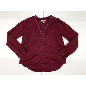IKY & ME Women M Medium Burgundy Blouse Bohemian Top Long Sleeve Roll Tab V Neck